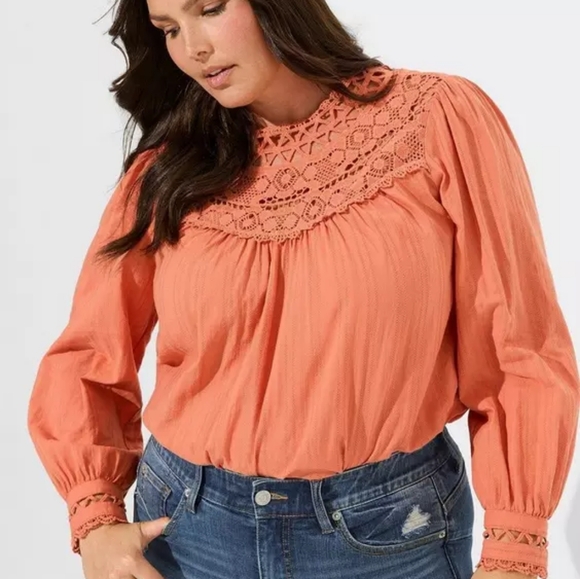 Cotton Lace Trim Yoke Blouson Sleeve Top - Picture 1 of 1
